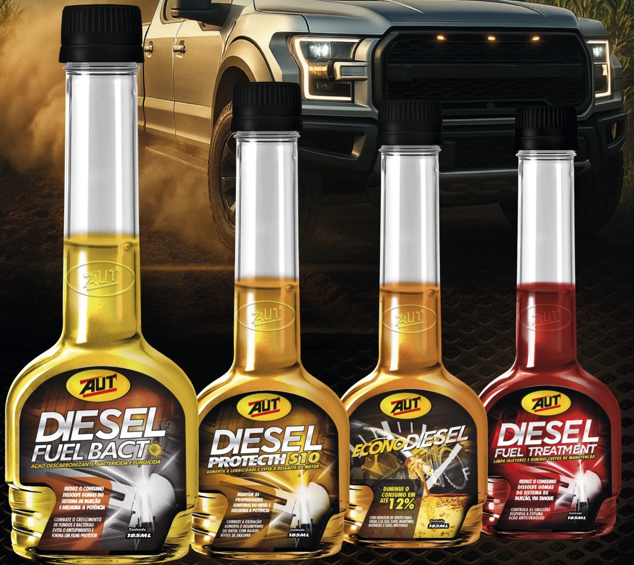 Diesel Fuel Bact, Diesel Protecth S10, Econodiesel e Diesel Fuel Treatment, frascos de 185 ml