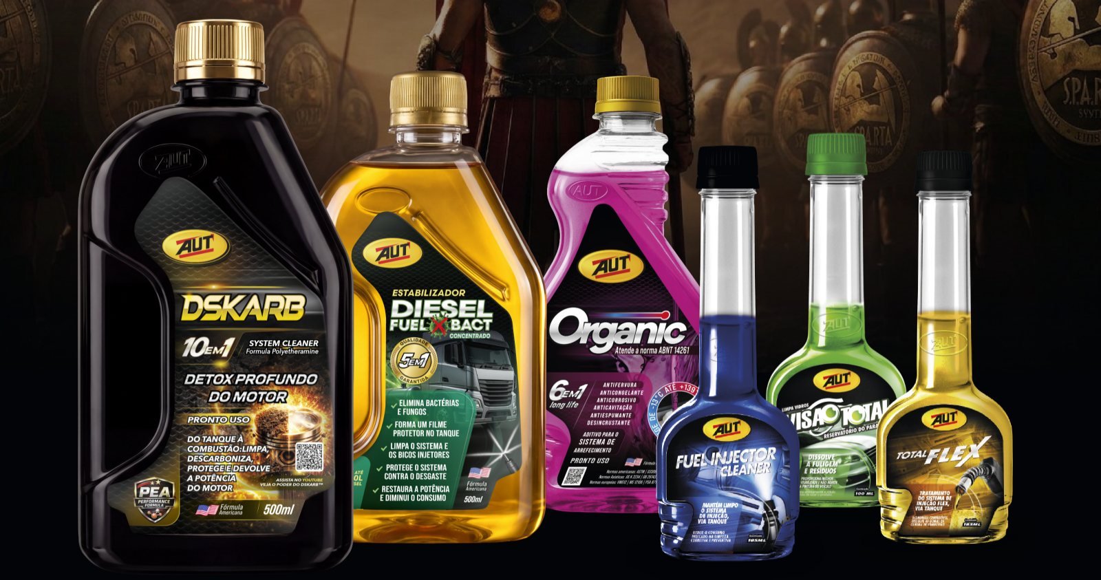 Produtos AUT: aditivos para radiador, combustível e diesel, fluidos e cuidado com vidros