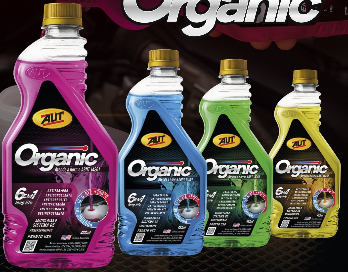 Organic 6 em 1 nas cores rosa, azul, verde e amarelo, frascos de 433 ml