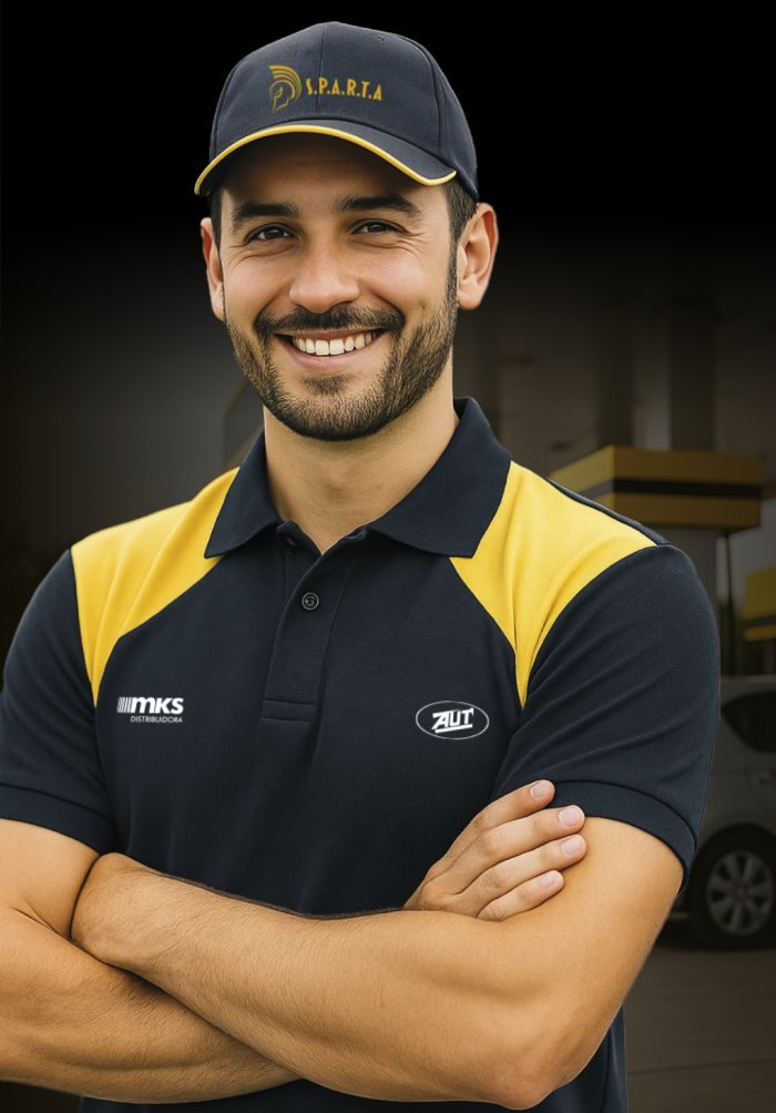 Frentista apresentando um produto AUT ao cliente no posto
