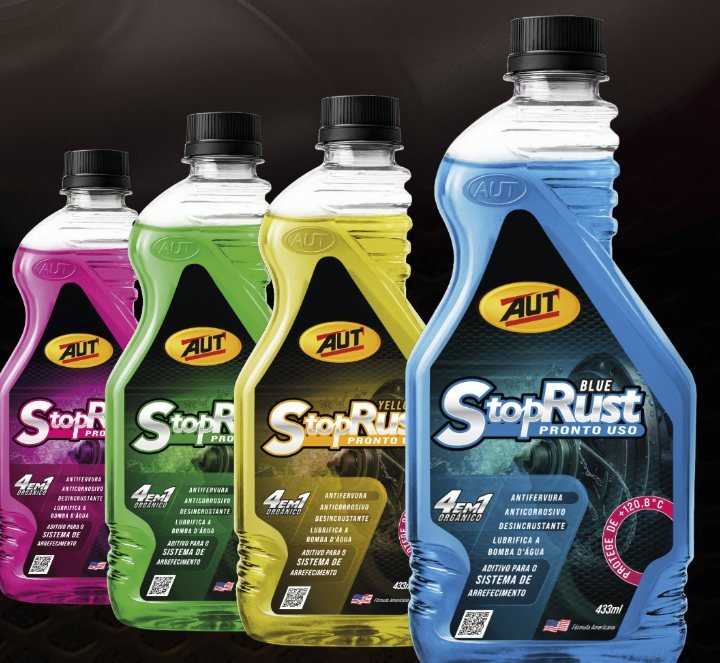 Stop Rust orgânico 4 em 1 nas cores rosa, verde, amarelo e azul