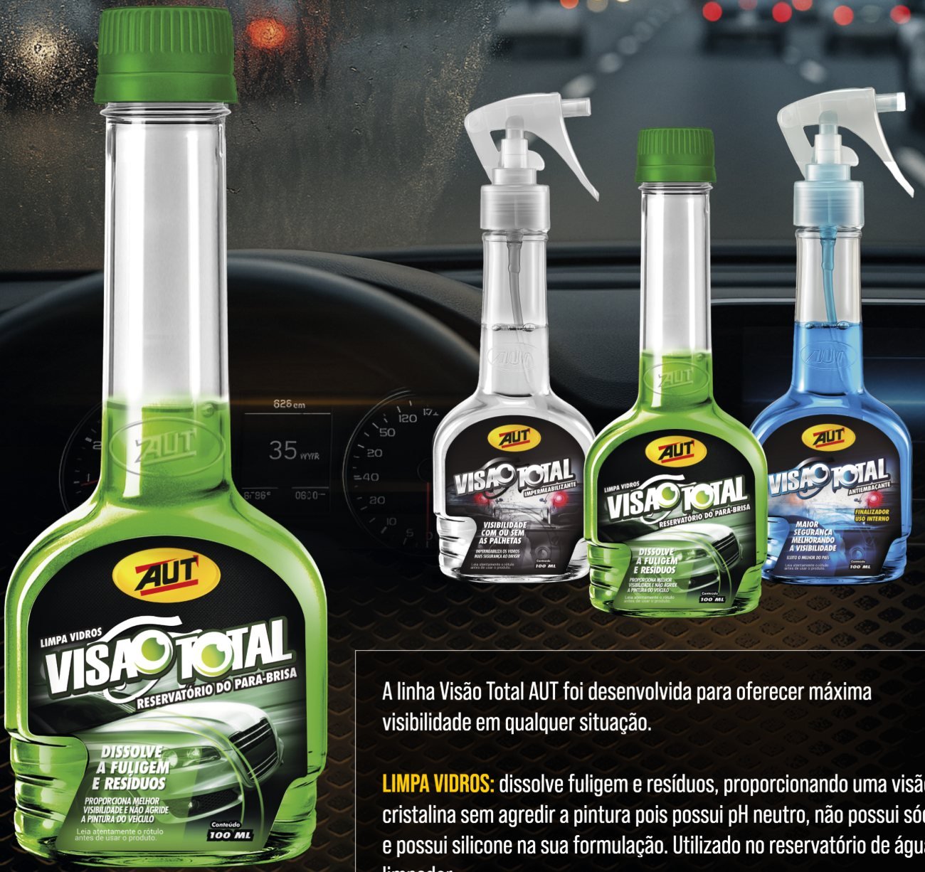 Linha Visão Total: Limpa Vidros, Impermeabilizante e Antiembaçante