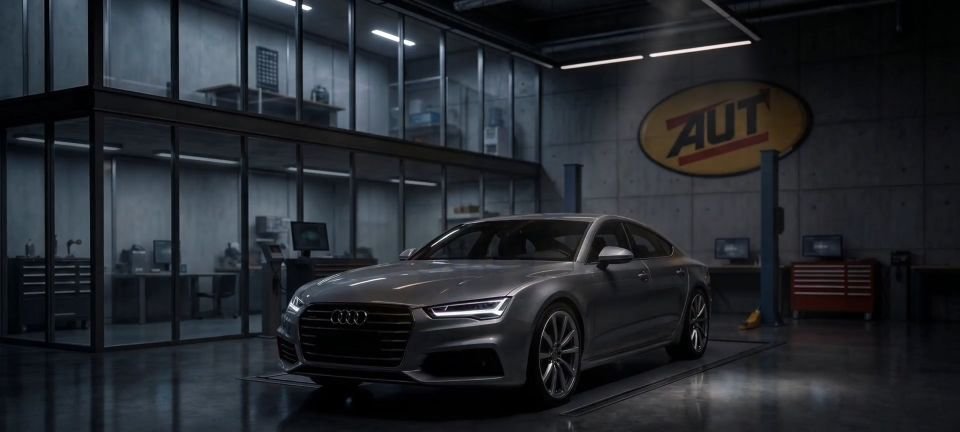 Carro em uma oficina com o logo da AUT ao fundo, cena do vídeo institucional