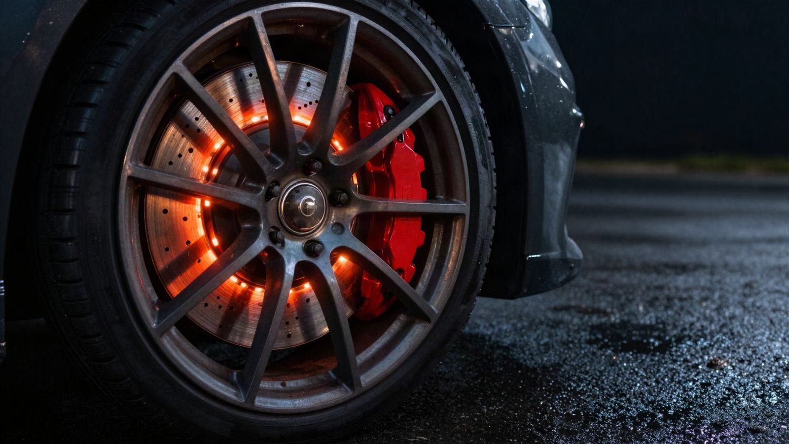Roda de um carro com o disco de freio aquecido pela frenagem