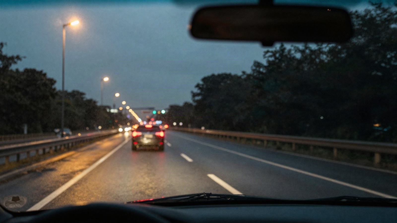 Visão do motorista pelo para-brisa em uma estrada molhada ao anoitecer