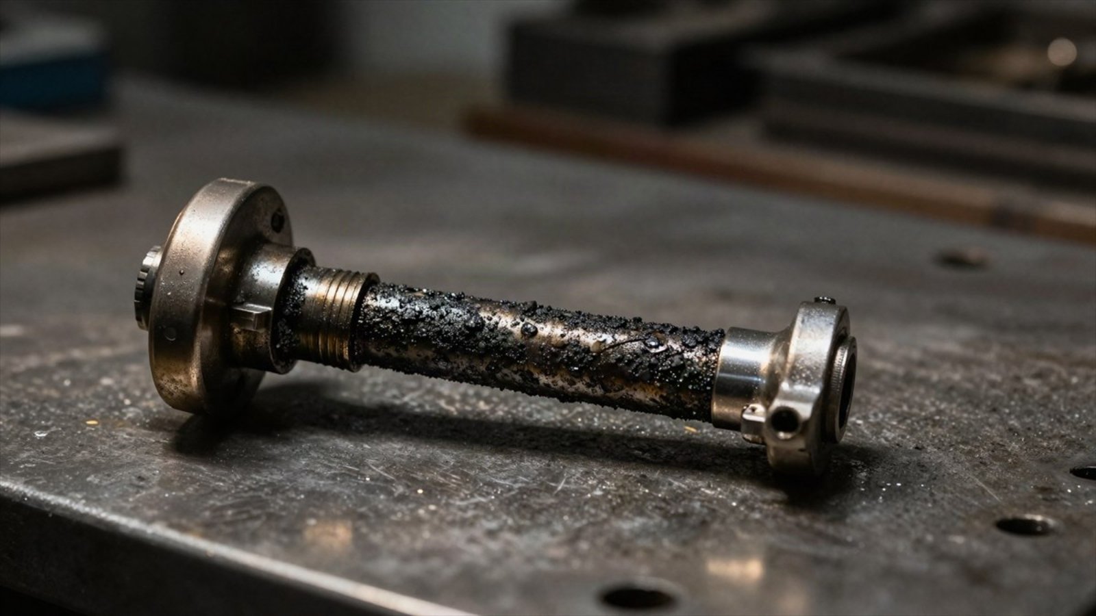 Peça metálica de motor coberta por depósitos escuros de carbono, sobre uma bancada de oficina